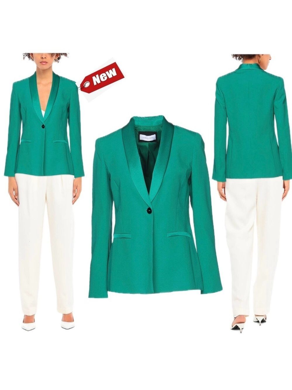 Caractere emerald green satin trim single breasted tailored blazer jacket US 10